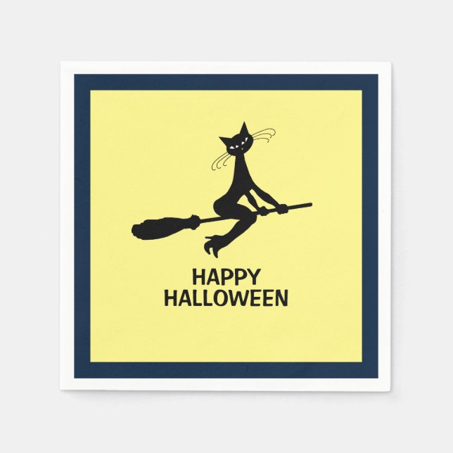 Happy Halloween, Cat On Broomstick Napkin (Front)