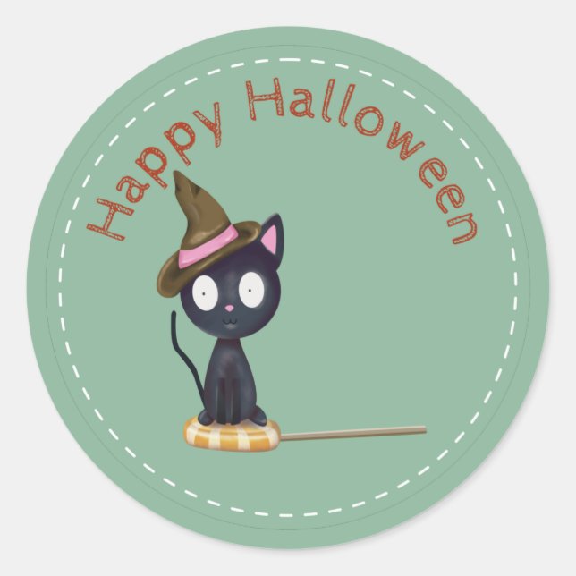 Happy Halloween Cat on Candy Label Sticker (Front)