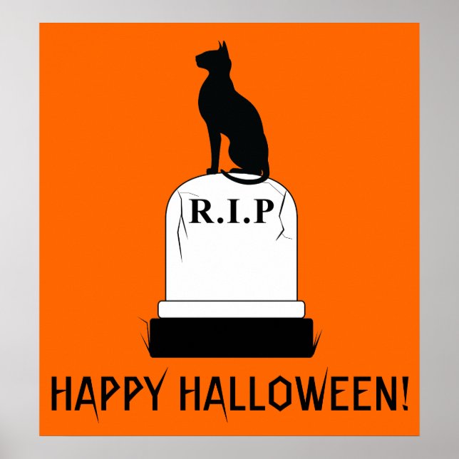 Happy Halloween Cat on Tombstone R.I.P. Poster (Front)