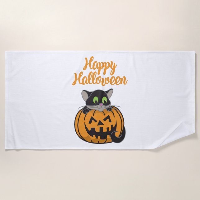 Happy Halloween Cat Pumpkin Beach Towel (Front)
