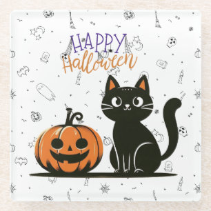 Happy Halloween cat & pumpkin Glass Coaster