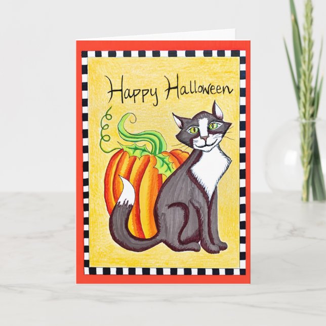 Happy Halloween Cat & Pumpkin greeting card (Front)