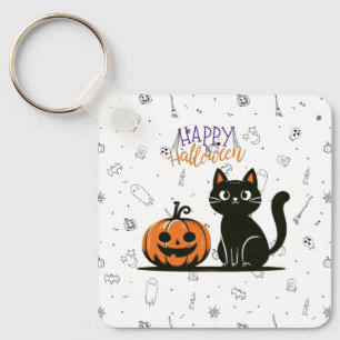 Happy Halloween cat & pumpkin Key Ring
