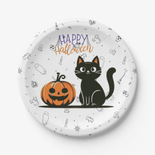 Happy Halloween cat & pumpkin Paper Plate