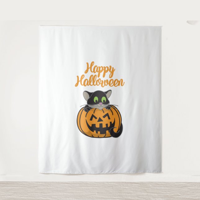Happy Halloween Cat Pumpkin Tapestry (Front)