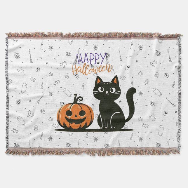 Happy Halloween cat & pumpkin Throw Blanket (Front)