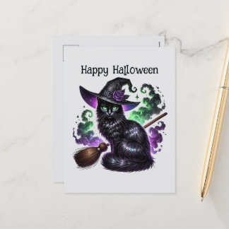 Happy Halloween cat spell books Holiday Postcard