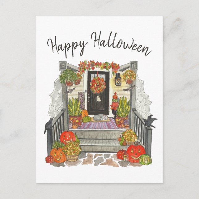 Happy Halloween Cat Watercolor Postcard (Front)