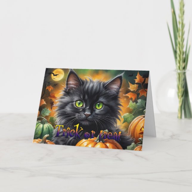 Happy Halloween Cat with pumpkin Holiday Card (Front)