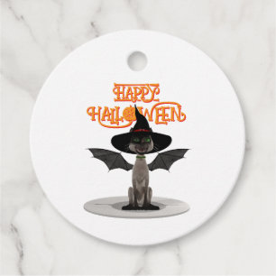 Happy Halloween. Cat with wings and witch's hat Favour Tags