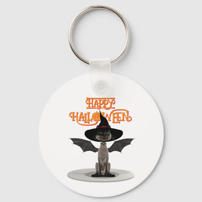 Happy Halloween. Cat with wings and witch's hat Key Ring (Front)