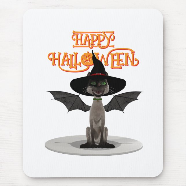 Happy Halloween. Cat with wings and witch's hat Mouse Mat (Front)