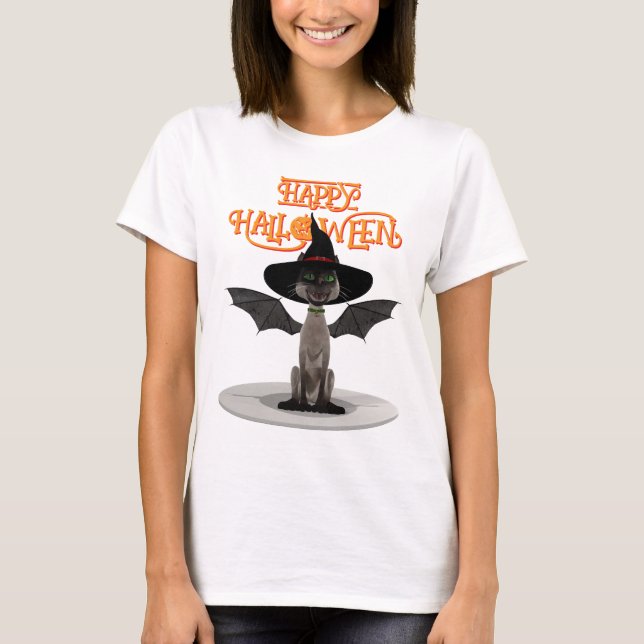 Happy Halloween. Cat with wings and witch's hat T-Shirt (Front)
