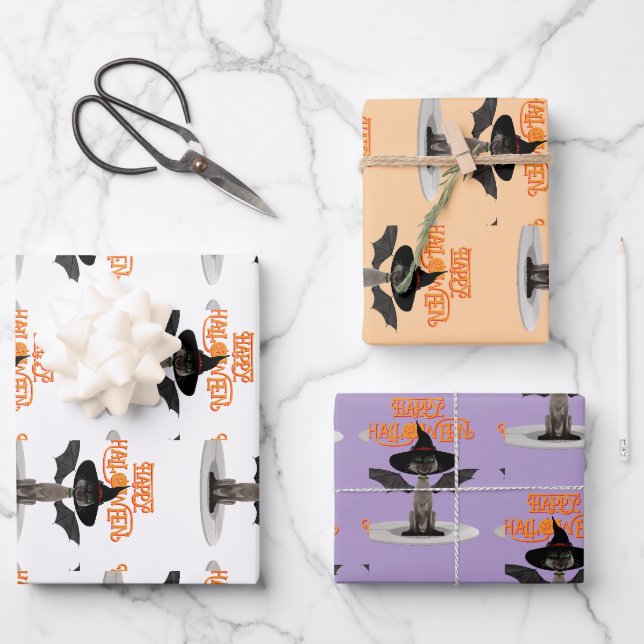 Happy Halloween. Cat with wings and witch's hat Wrapping Paper Sheet (Front)