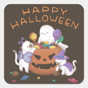 Happy Halloween: Cats & Ghost Square Sticker