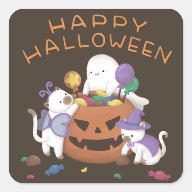 Happy Halloween: Cats & Ghost Square Sticker (Front)