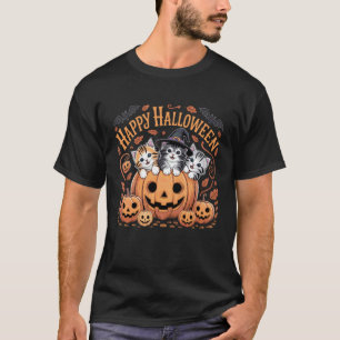 Happy Halloween Cats in Pumpkin with Witch Hat Des T-Shirt