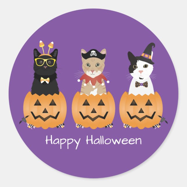 Happy Halloween Cats Jack O Lantern Classic Round Sticker (Front)