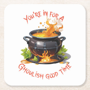 Happy Halloween Cauldron Full Of Witch's Brew Square Paper Coaster