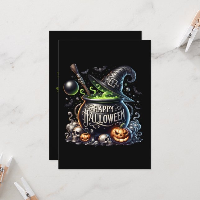Happy Halloween Cauldron Greetings Invitation Card (Front/Back In Situ)
