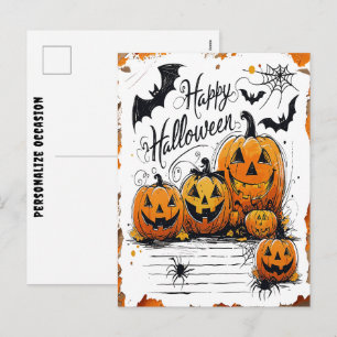 Happy Halloween Celebration Pumpkins Bats Spider Holiday Postcard