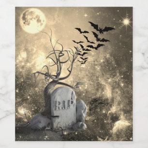 Happy Halloween Cemetery Bats Full Moon RIP Wine Label