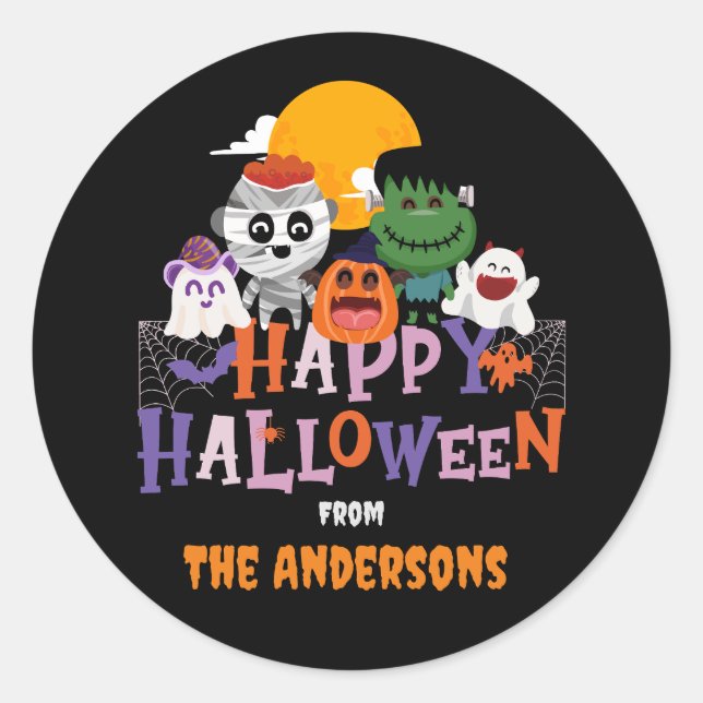 Happy Halloween Characters Custom Family Name Classic Round Sticker (Front)