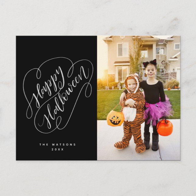 Happy Halloween Chic Handlettered Photo Black Postcard (Front)