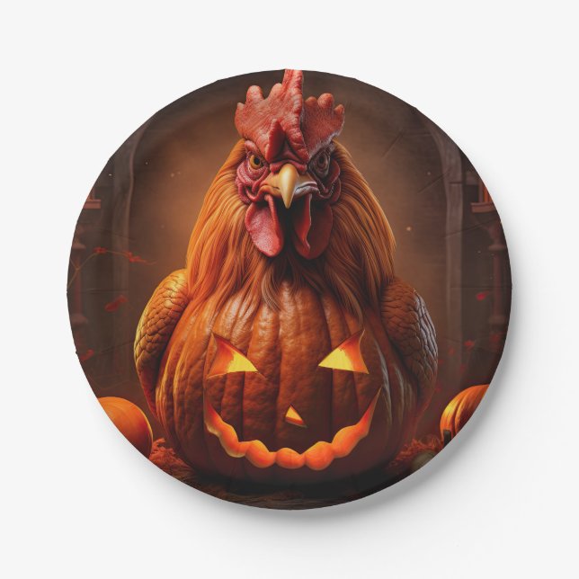 Happy Halloween Chicken Rooster Pumpkin Farm Paper Paper Plate (Front)