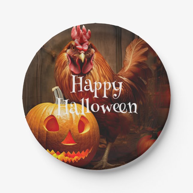 Happy Halloween Chicken Rooster Pumpkin Farm Paper Plate (Front)
