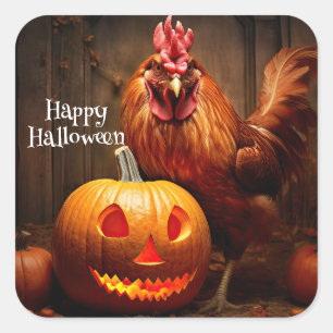 Happy Halloween Chicken Rooster Pumpkin Farm Paper Square Sticker