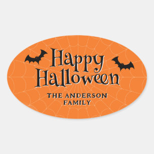 Happy Halloween Cobweb Bats Orange Oval Sticker