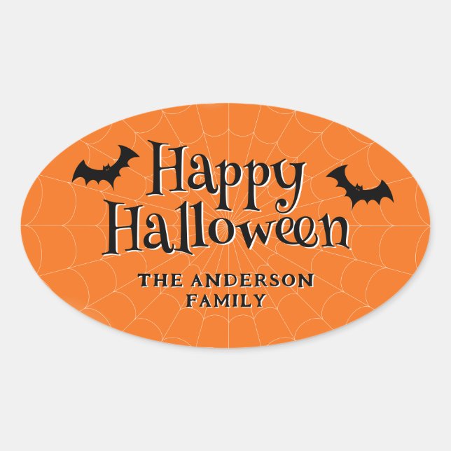 Happy Halloween Cobweb Bats Orange Oval Sticker (Front)