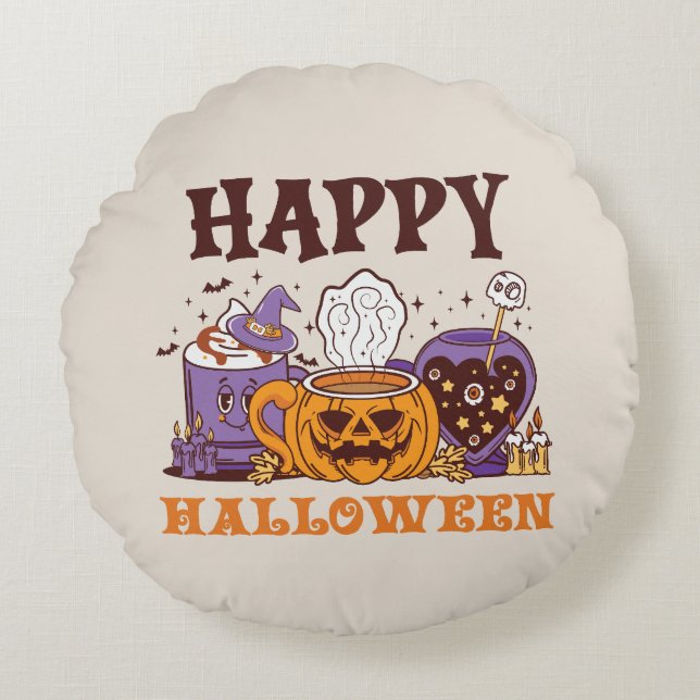 Happy Halloween Coffee Brew Round Cushion (Front)
