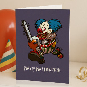 Happy Halloween Colourful Chainsaw Clown Cartoon Card