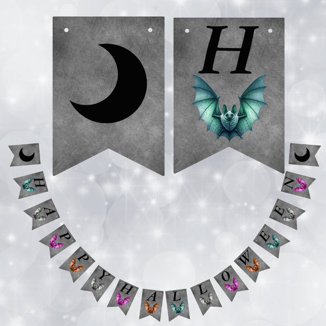 Happy Halloween Colourful Flying Bats Dark Grey Bunting (Flying Gothic bats in various vibrant colours on grey Happy Halloween flag banner decoration.)