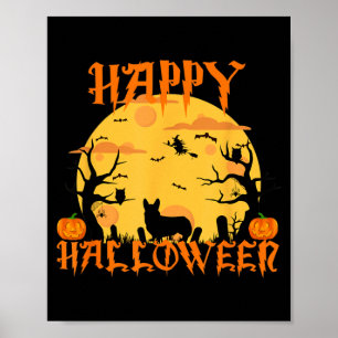 Happy Halloween Corgi Dog Black Cat Full Moon Poster