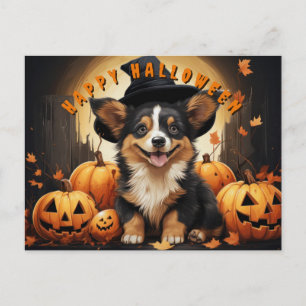 Happy Halloween Corgi In Pumpkin Patch Holiday Postcard