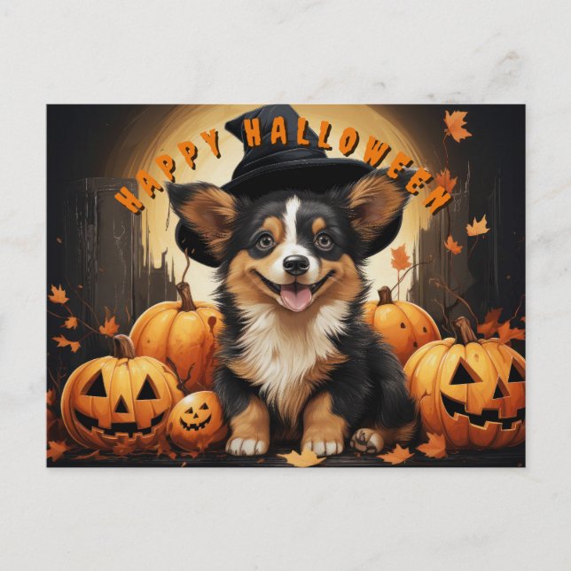 Happy Halloween Corgi In Pumpkin Patch Holiday Postcard (Front)