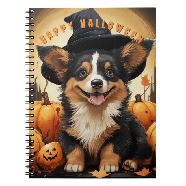 Happy Halloween Corgi In Pumpkin Patch Notebook (Front)