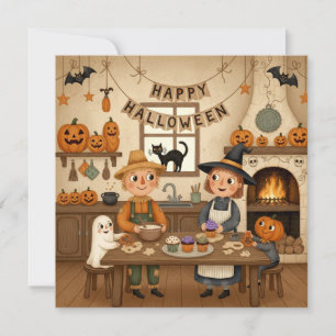 Happy Halloween Country Family Baking Cupcakes Holiday Card