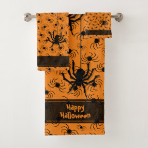 Happy Halloween Creepy Crawly Spiders Orange BG Bath Towel Set