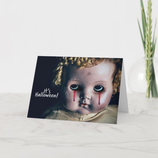 Happy Halloween Creepy Doll With Bleeding Eyes Holiday Card (Front)