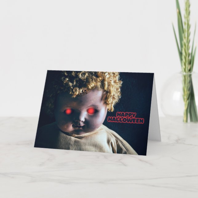 Happy Halloween Creepy Doll With Red Glowing Eyes  Holiday Card (Front)
