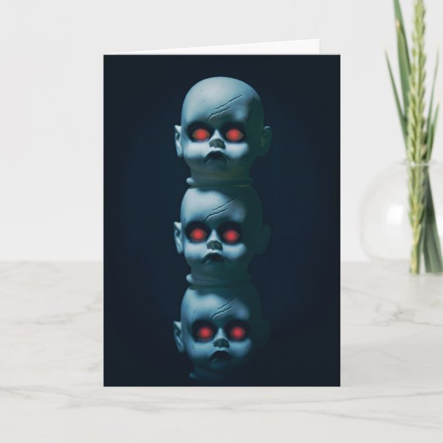 Happy Halloween Creepy Dolls With Red Glowing Eyes Holiday Card (Front)