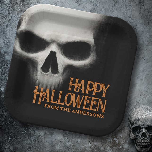 Happy Halloween creepy ghost skull black orange Paper Plate (Happy Halloween creepy ghost skull black orange Paper Plates)