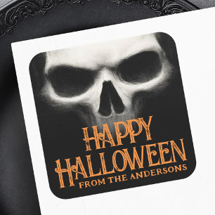 Happy Halloween creepy ghost skull black orange Square Sticker