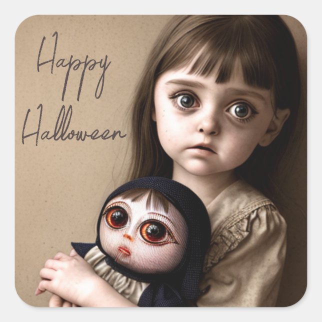 Happy Halloween | Creepy Girl and Doll Square Sticker (Front)
