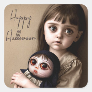 Happy Halloween Creepy Girl and Doll Square Sticker