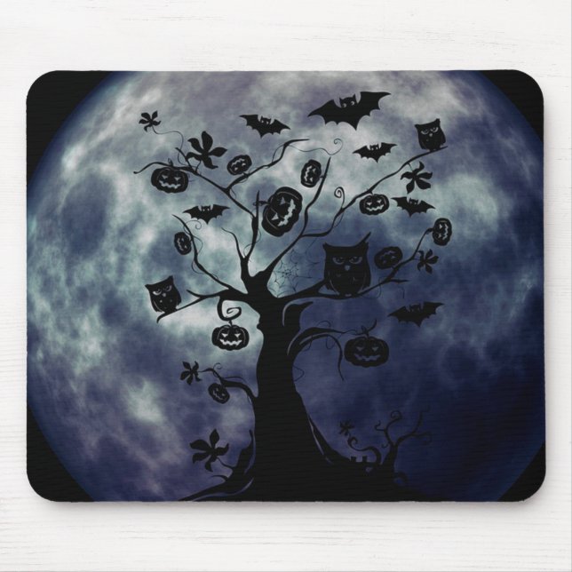 Happy Halloween Creepy Owls on a Tree Mousepad (Front)
